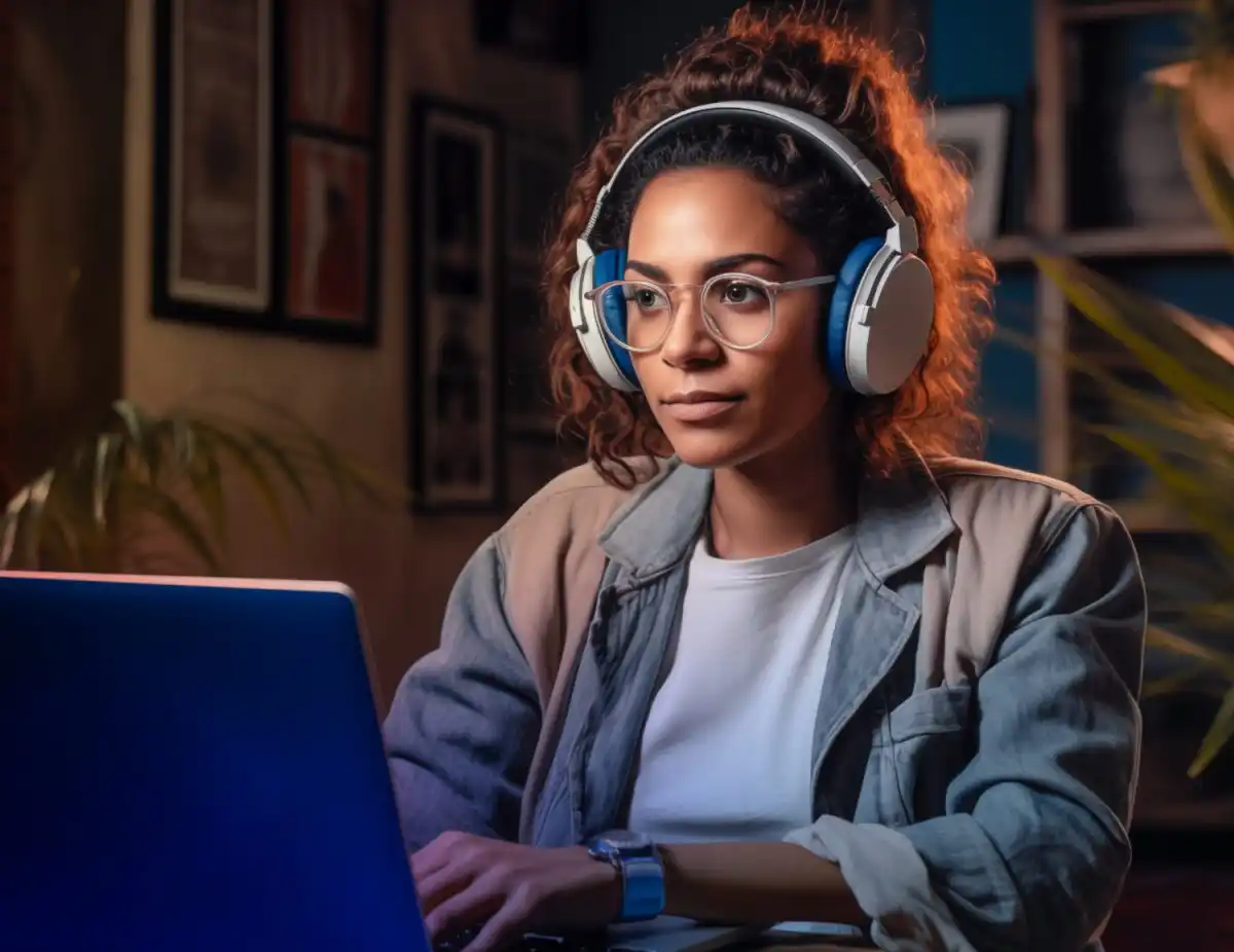 Una mujer joven egresada de carreras universitarias usa una computadora portatil y usa audifonos